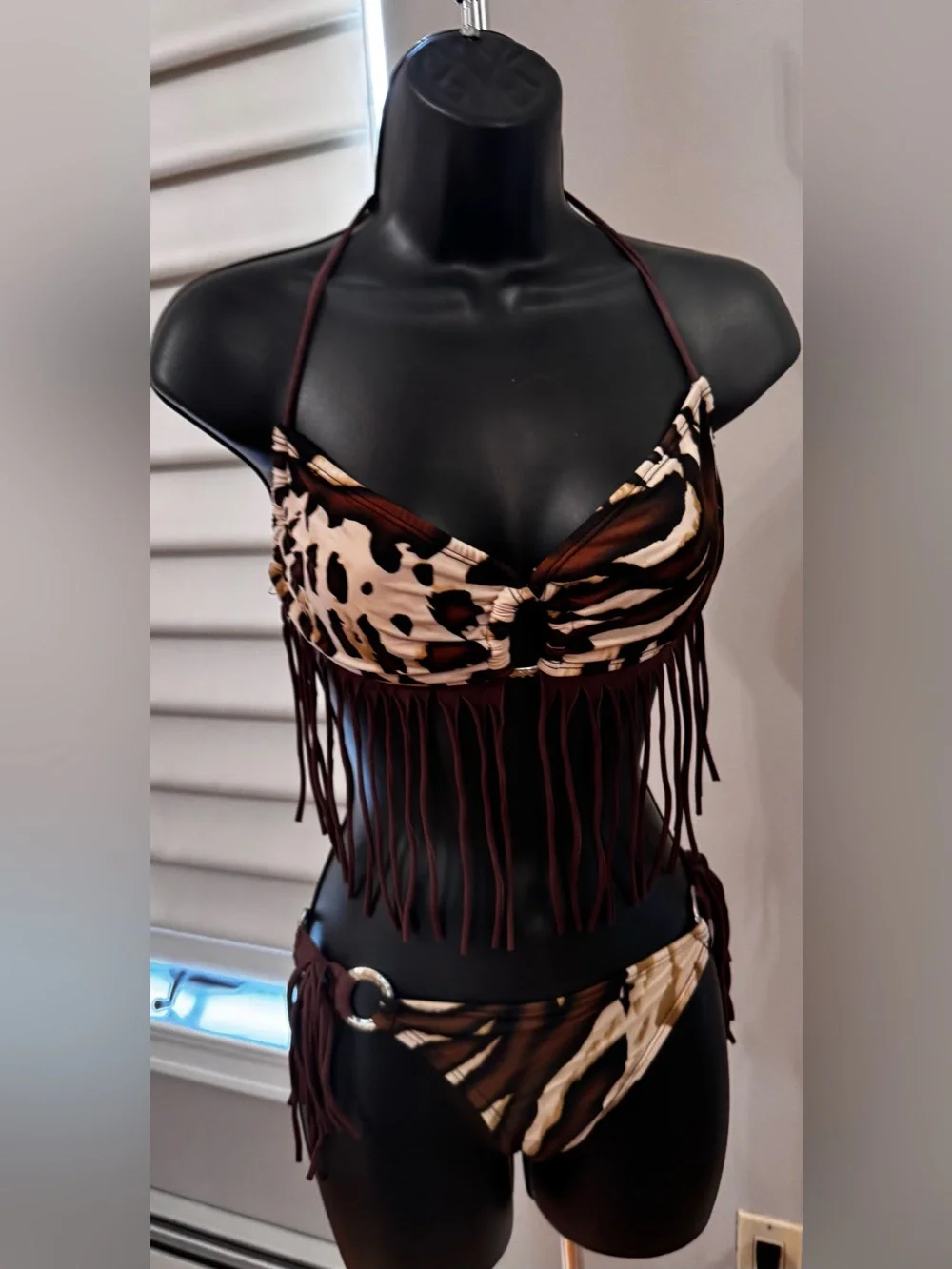 Carla’s Closet C-Girl Brown Fringe Leopard -Print Bikini